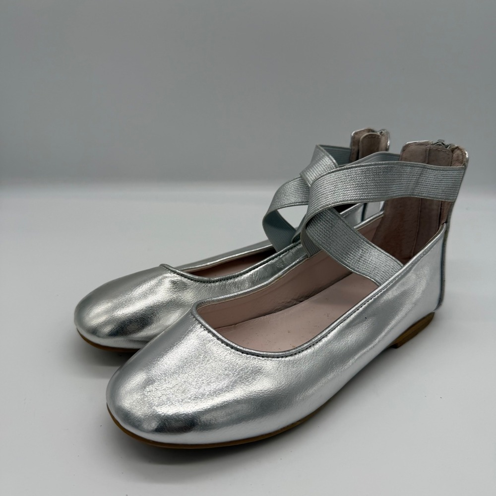 Nina Kids Silver Metallic Ballet‎ Flats Elastic Ankle Straps Size 1M C205737